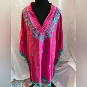 Vibrant Pink Tunic with Teal Floral Accents